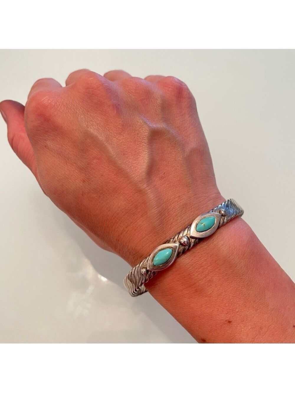 Vintage Mexico Turquoise Cable Design Cuff Bracelet in 925 Sterling Silv… - Picture 4 of 9